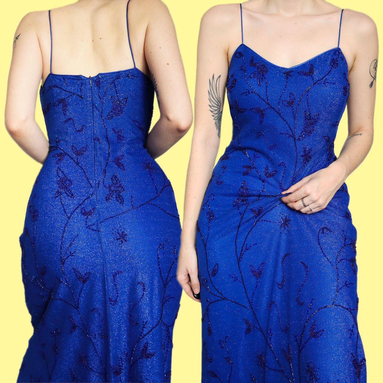 Stunning vintage John Charles electric blue glittery beaded evening dress UK 12