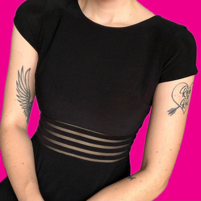 Beautiful vintage black short sleeve sheer cut out evening dress UK 10