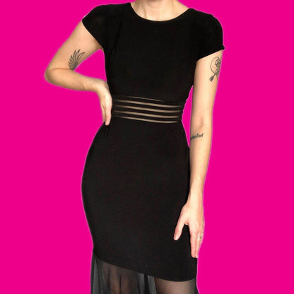 Beautiful vintage black short sleeve sheer cut out evening dress UK 10