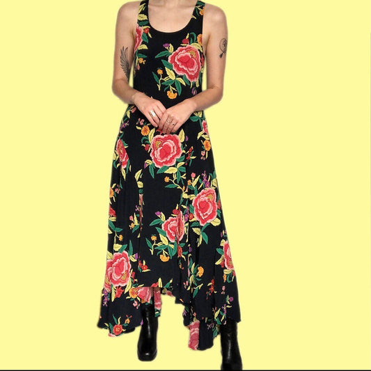 Stunning vintage navy floral a-line maxi dress UK M