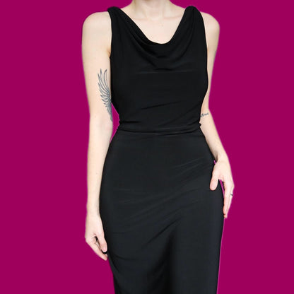 Super chic vintage black stretch low back evening dress UK 18