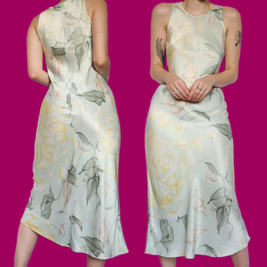 Beautiful vintage silky floral midi evening dress UK 12