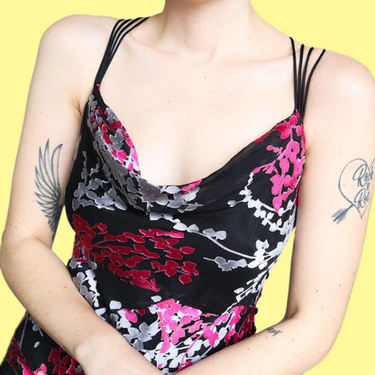 Beautiful vintage black leafy print a-line slip dress UK 10