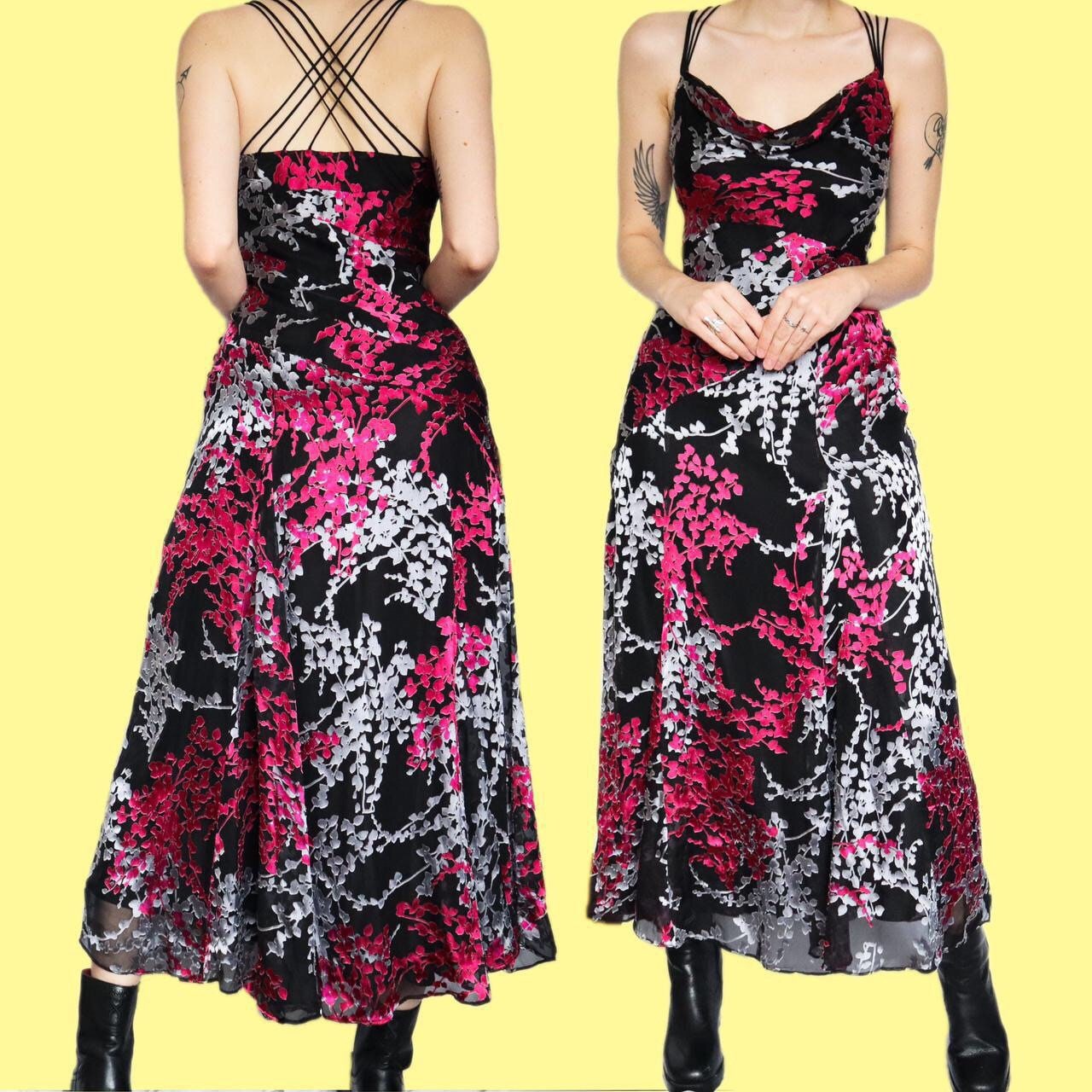Beautiful vintage black leafy print a-line slip dress UK 10