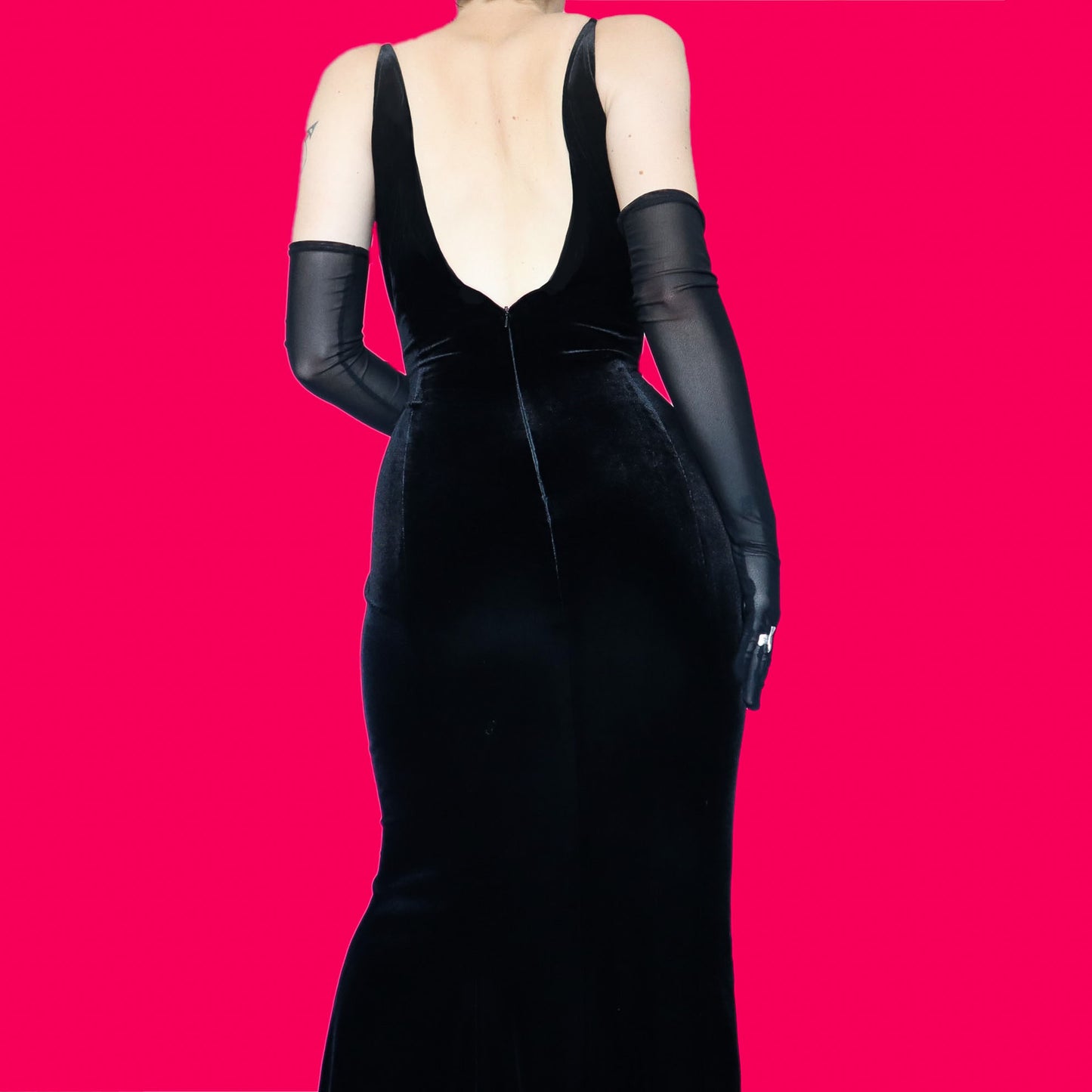 Black velvet stretch low cut evening dress UK 14