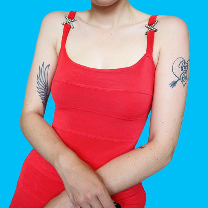 Beautiful bright red stretch diamanté evening dress UK 10