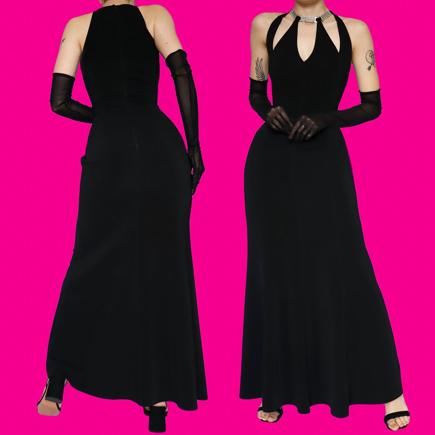 Chic black diamanté detail evening dress UK 14