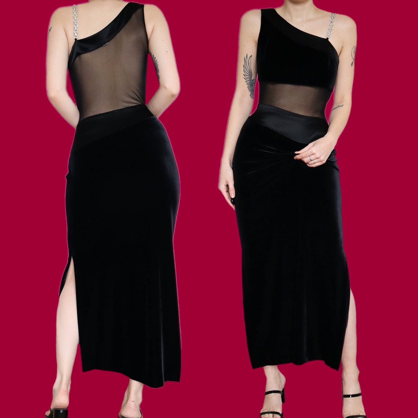 Stunning After Six by Ronald Joyce black velvet sheer panel evening dress UK 12