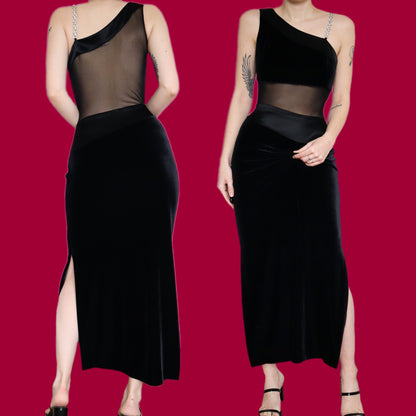 Stunning After Six by Ronald Joyce black velvet sheer panel evening dress UK 12