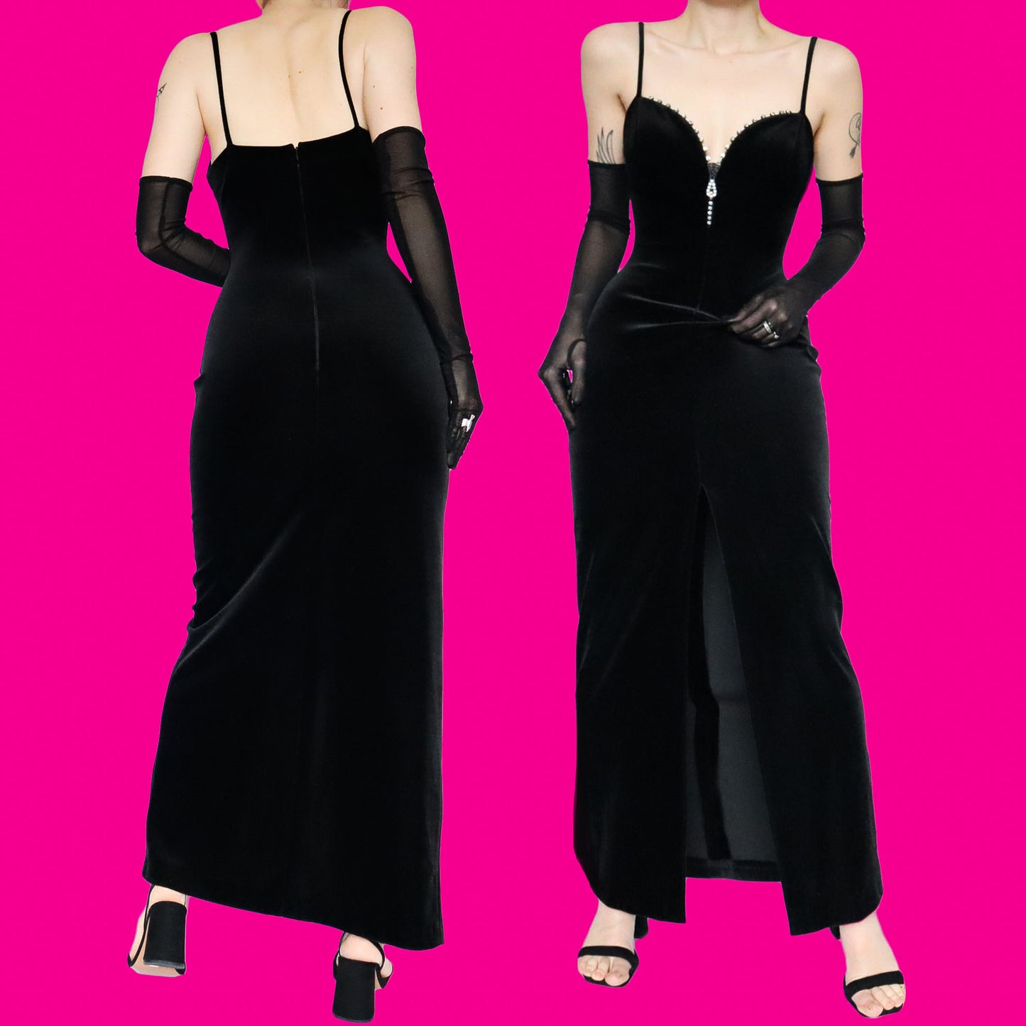 Black velvet diamanté evening dress UK 12