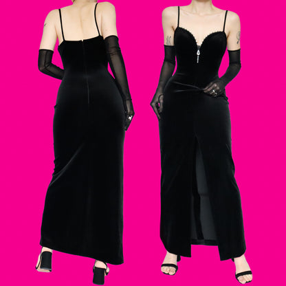 Black velvet diamanté evening dress UK 12