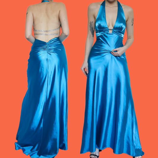 Stunning silky blue diamanté detail evening dress UK 10
