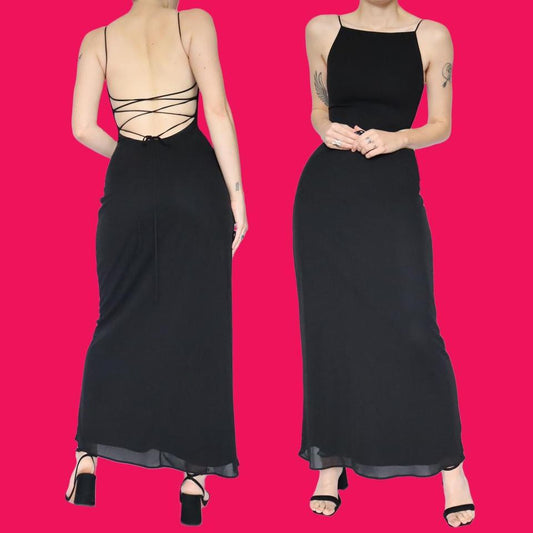 Black lace up back evening dress UK 10