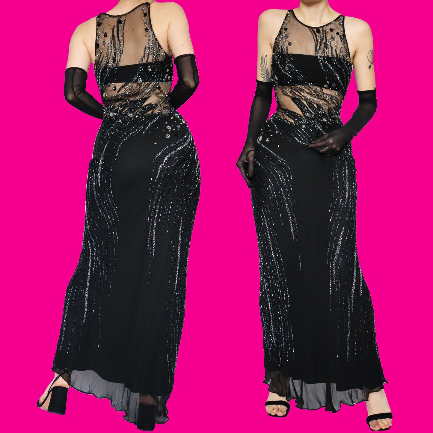 Black 100% silk heavily beaded evening dress UK 10/12