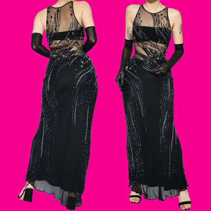 Black 100% silk heavily beaded evening dress UK 10/12
