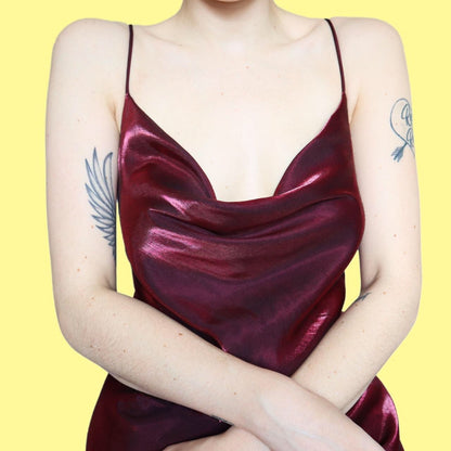 Stunning burgundy silky satin evening slip dress UK 14
