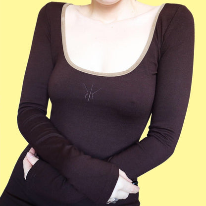 Designer Nick Coleman brown long sleeve stretch maxi dress UK 10