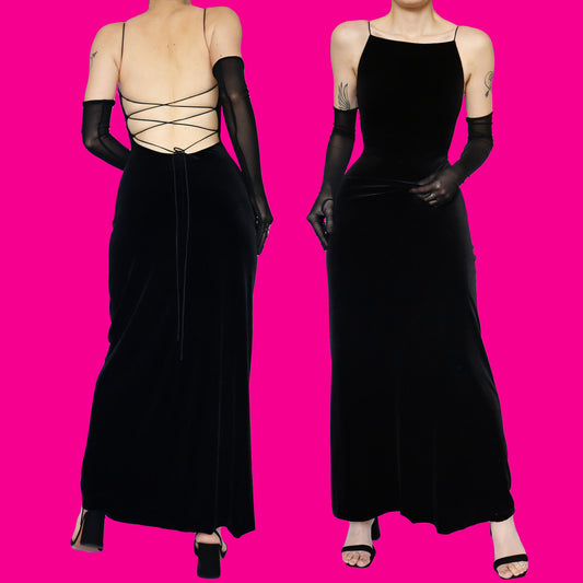 Black velvet lace up back evening dress UK 12
