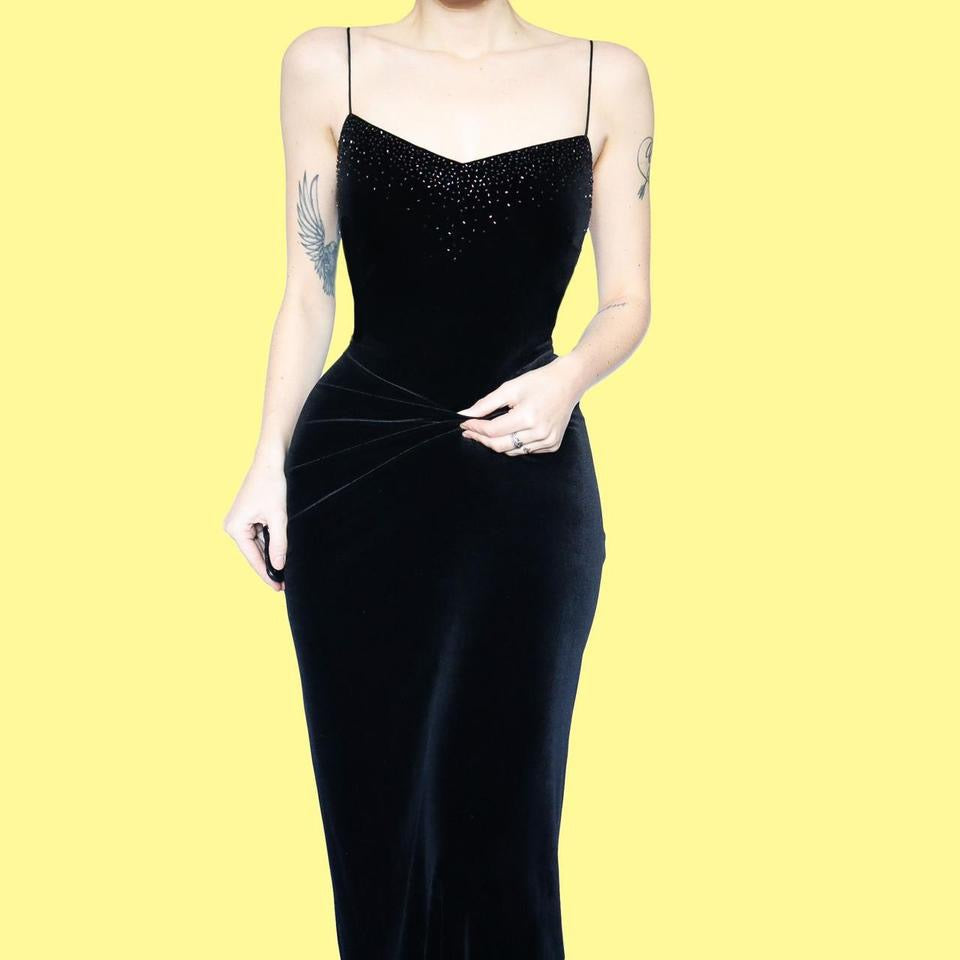 Black velvet beaded evening dress UK 8