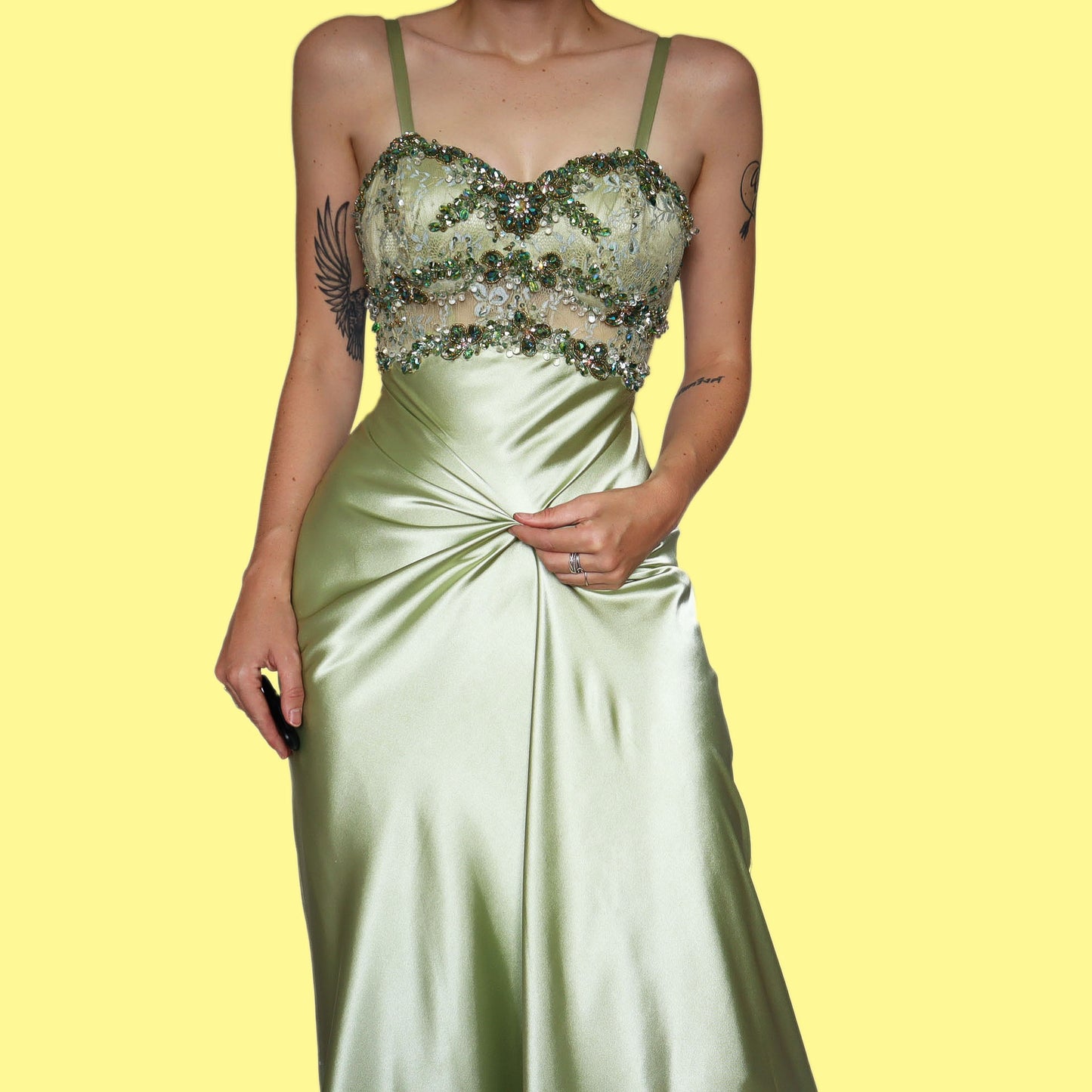 Green satin beaded evening prom dress UK 12