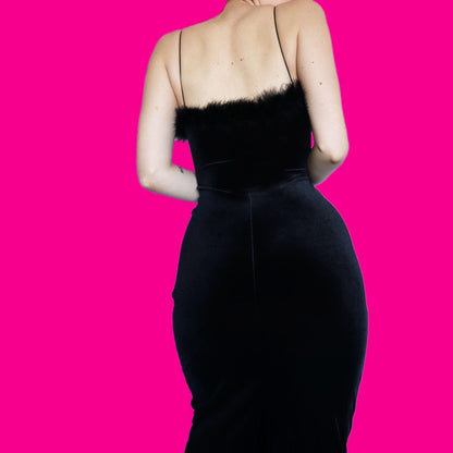 Super cute black velvet stretch fluffy evening dress UK 14