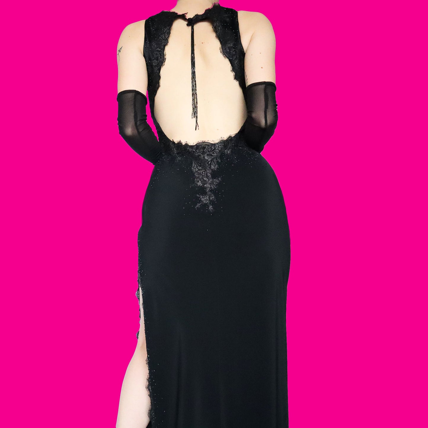 Black lace open back evening dress UK 10