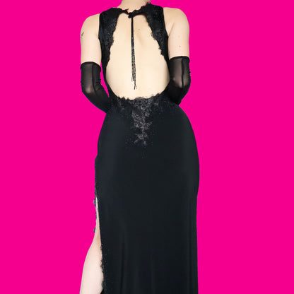 Black lace open back evening dress UK 10