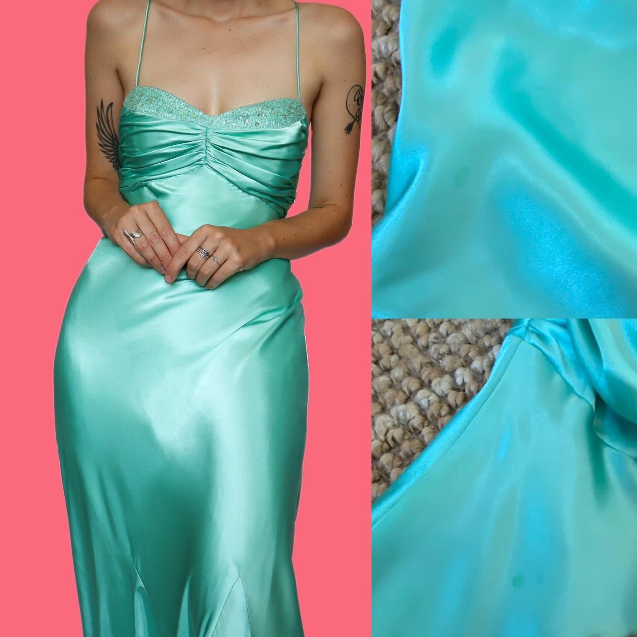 Aqua satin beaded evening dress UK 12