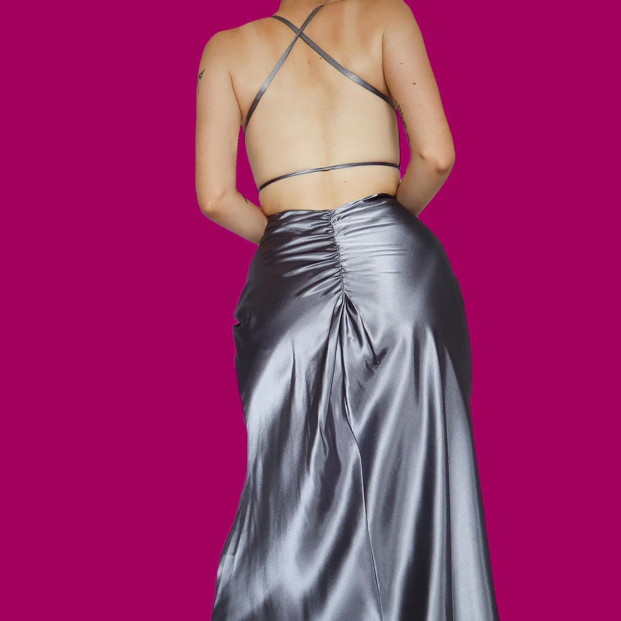 Silver diamanté open back evening dress UK 8