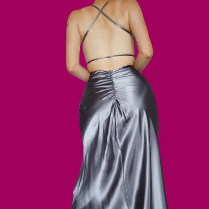 Silver diamanté open back evening dress UK 8