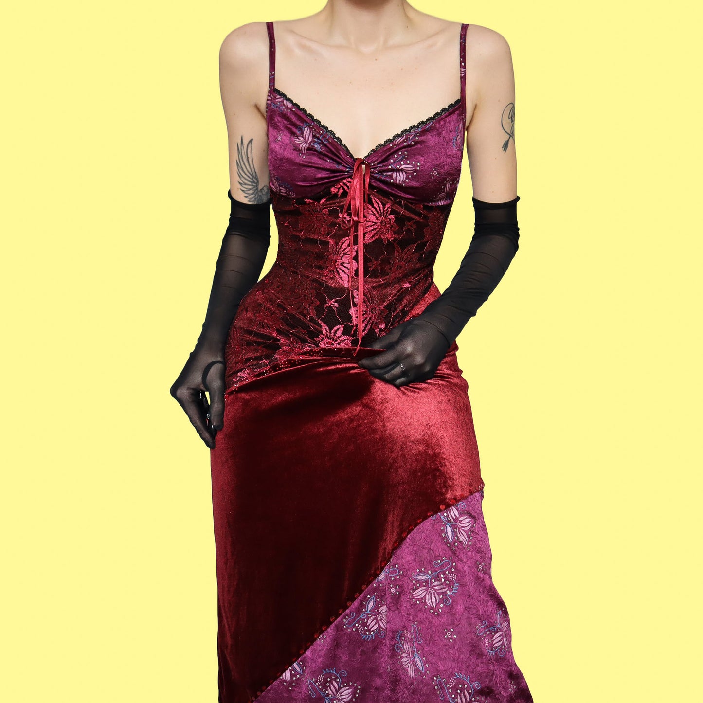 Patchwork lace & velvet slip dress UK S