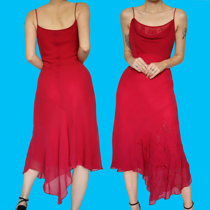Red 100% silk slip midi dress UK 12