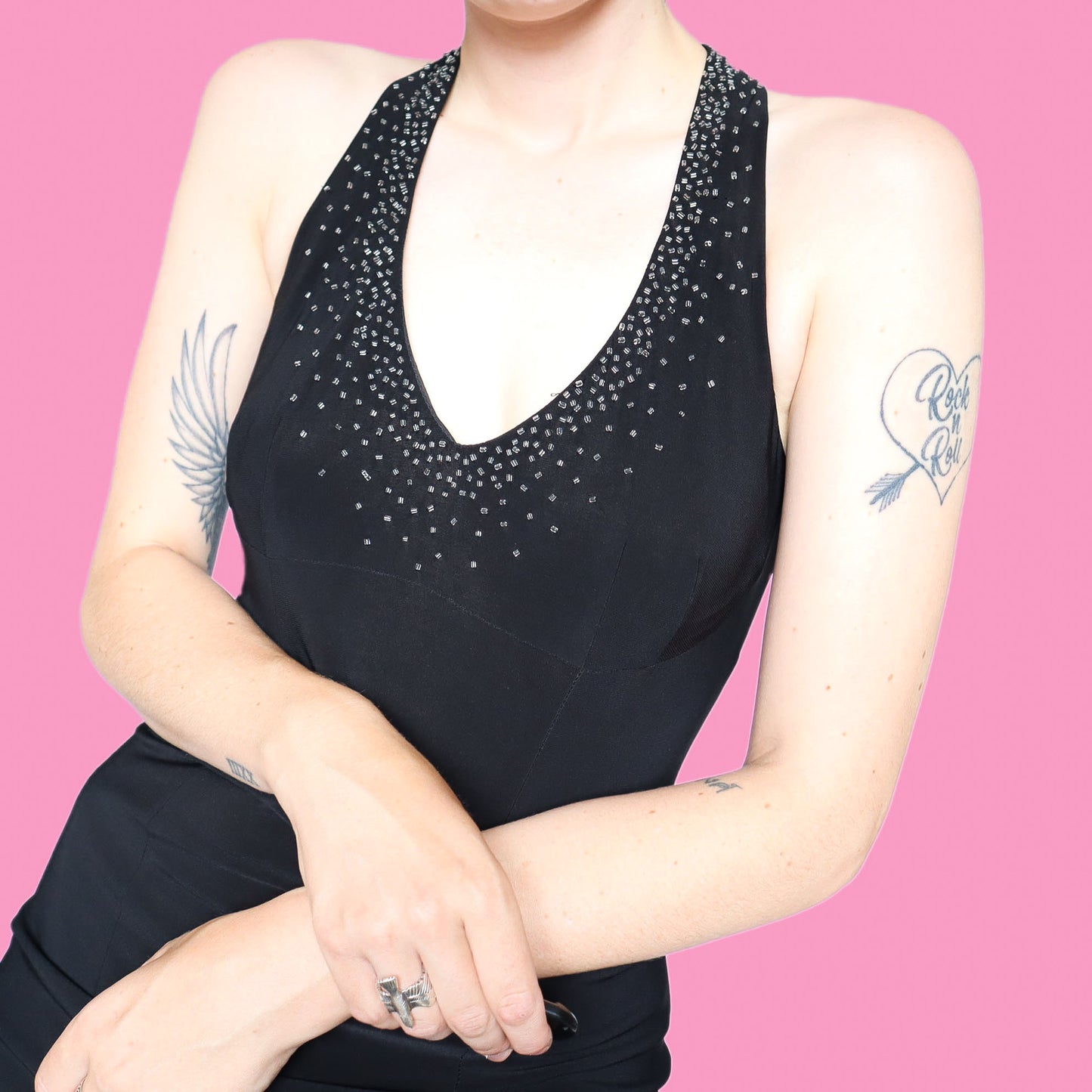 Beautiful black stretch beaded open back evening dress UK 14