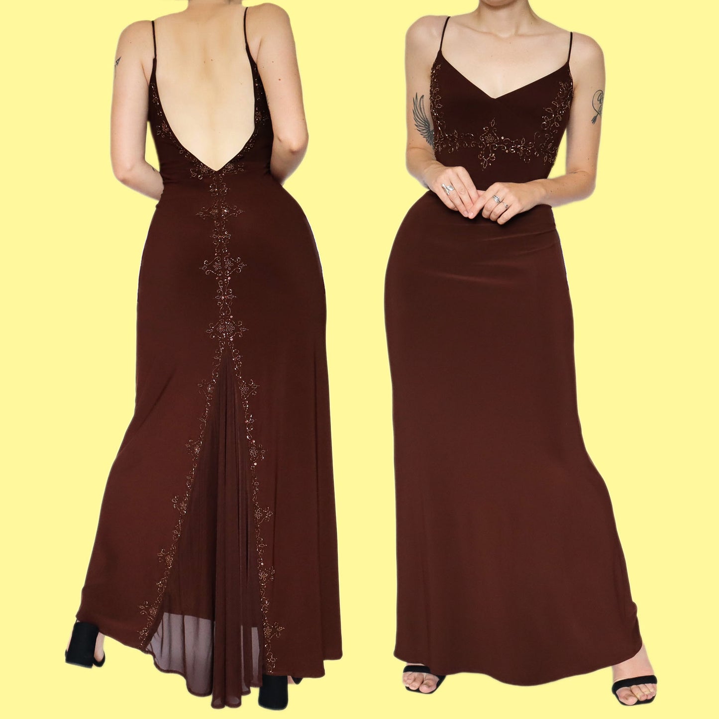 Brown stretch beaded open back evening dress UK 10