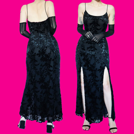Silk blend black velvet devore evening dress UK 14