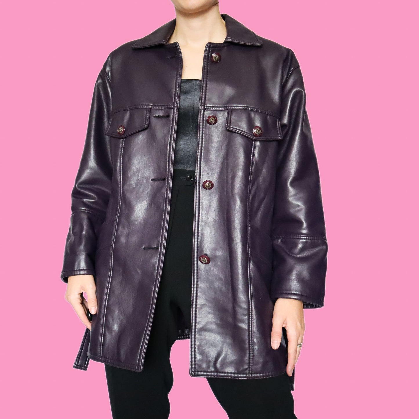 purple faux leather belted jacket UK XL