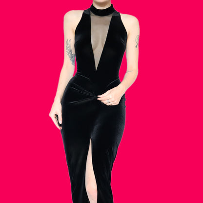 Black velvet low cut evening dress UK 10-12
