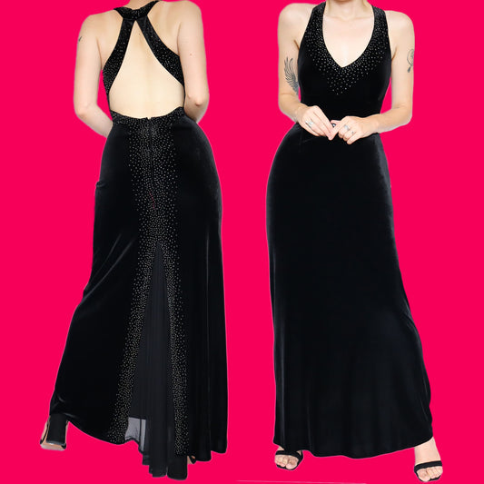 Black velvet stretch beaded evening dress UK 12, UK 14 & UK 16