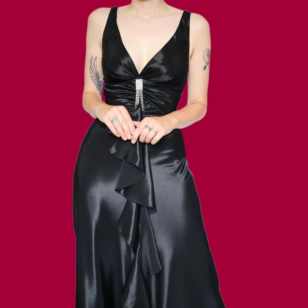 Black Satin Diamanté evening dress UK 14