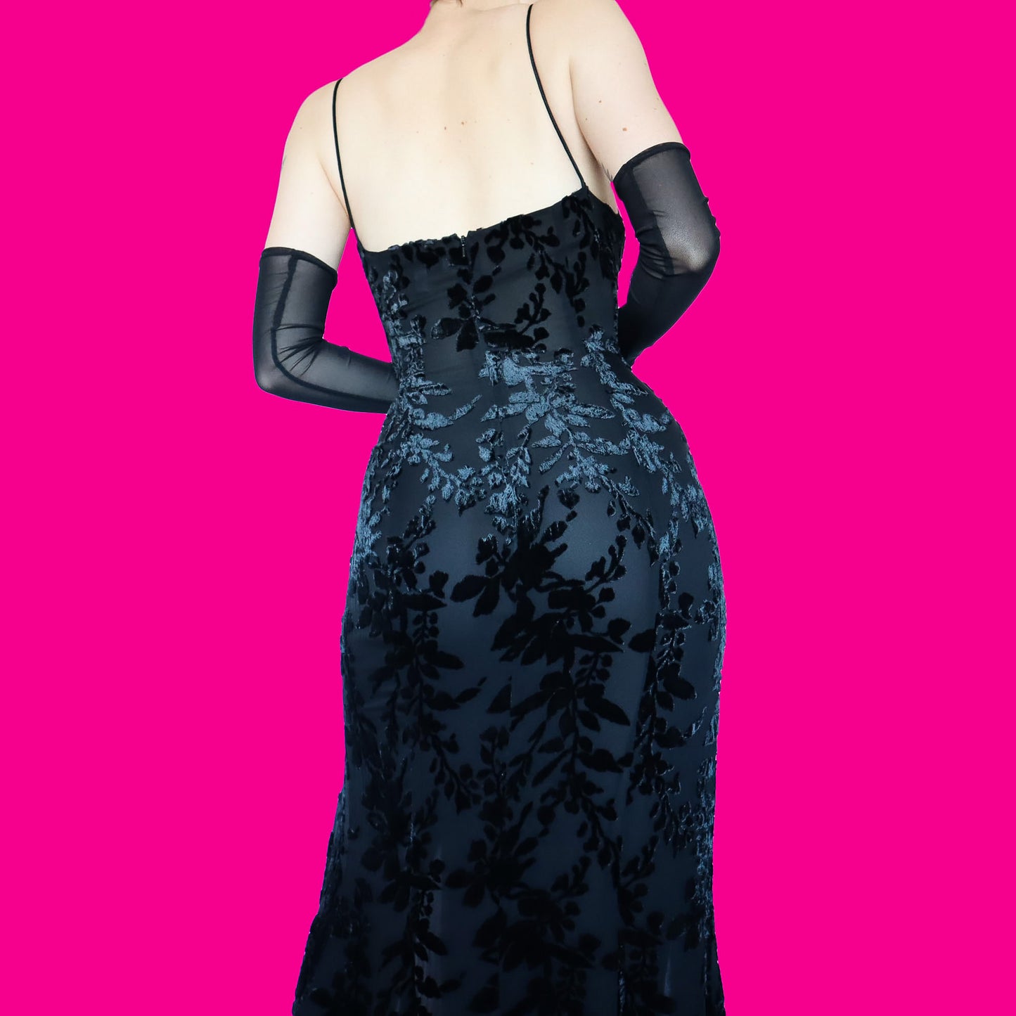 Silk blend black velvet devore evening dress UK 14