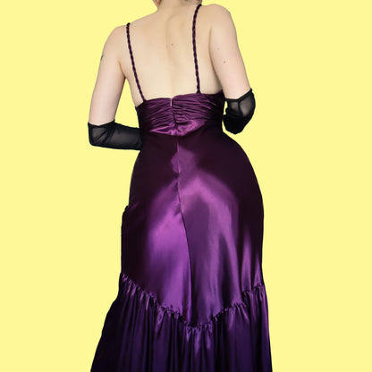 Purple satin beaded evening prom dress UK 8