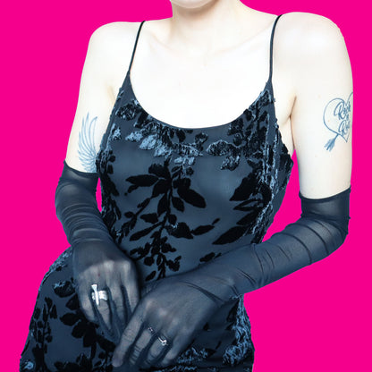 Silk blend black velvet devore evening dress UK 14