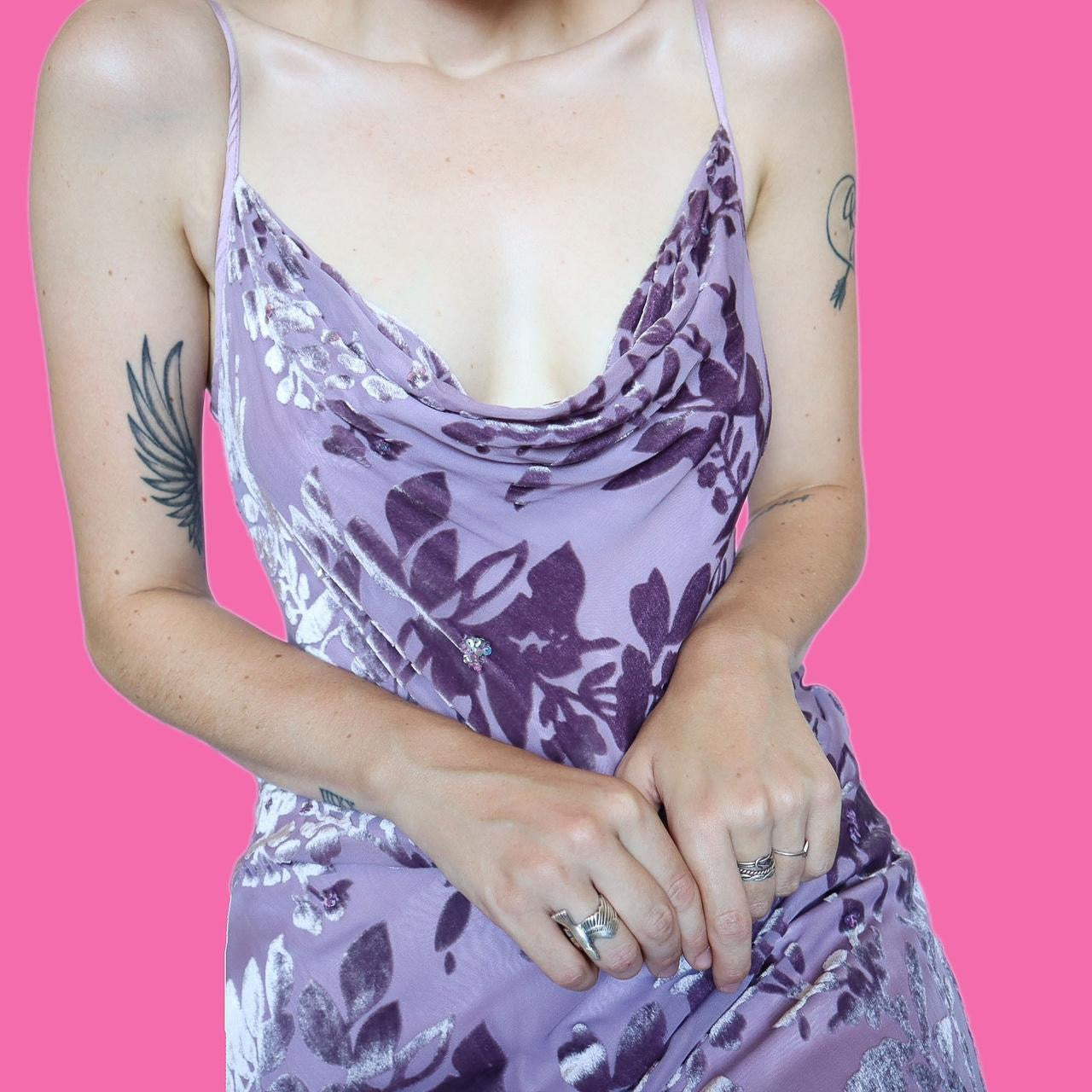 Lilac 100% silk devore slip evening dress UK 14