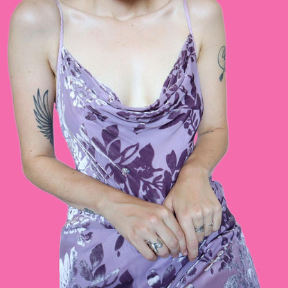 Lilac 100% silk devore slip evening dress UK 14