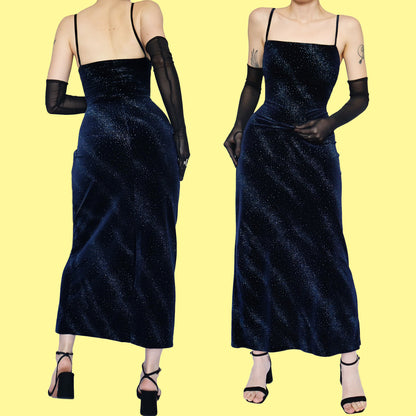 Navy blue glittery velvet stretch evening dress UK 12