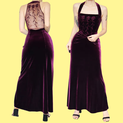 Purple velvet sheer back evening dress UK 12