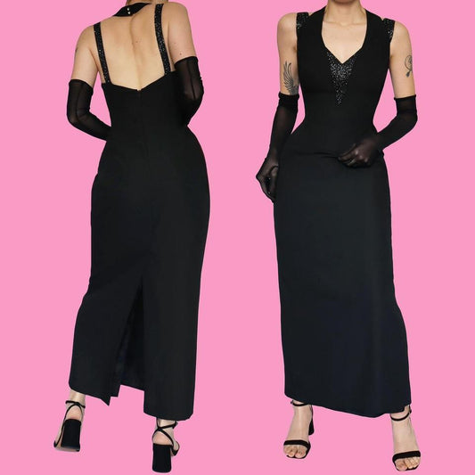 Black beaded fitted evening dress UK 14