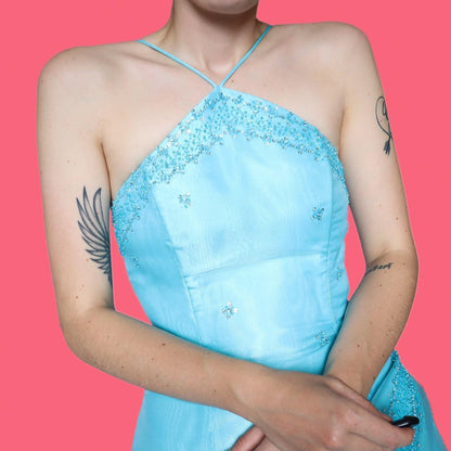 Stunning sapphire organza a line evening prom dress UK 8