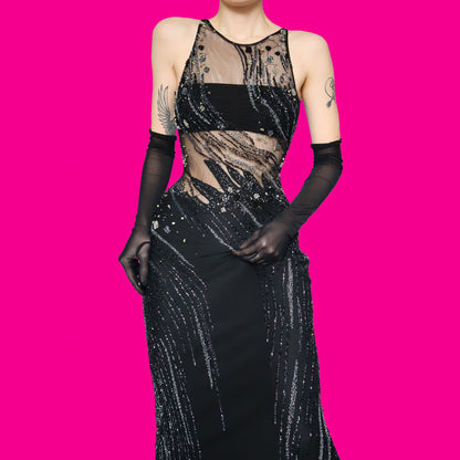 Black 100% silk heavily beaded evening dress UK 10/12