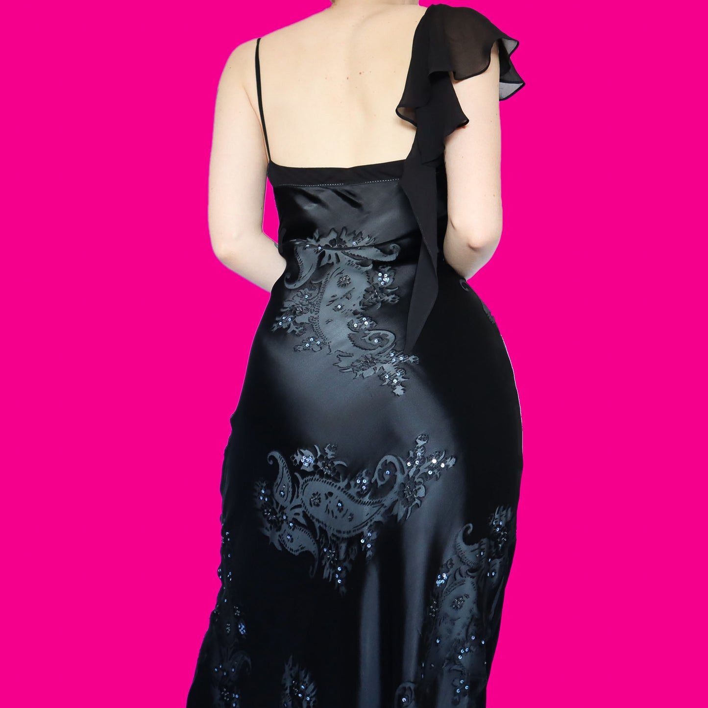 Black silk blend sequin evening dress UK 16